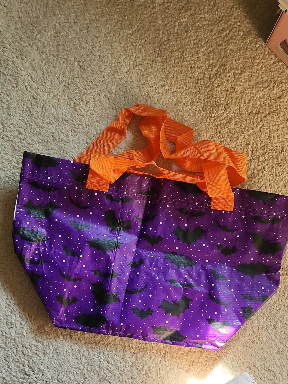 Ikea Purple Bat-Print Tote Bag with Orange Handles